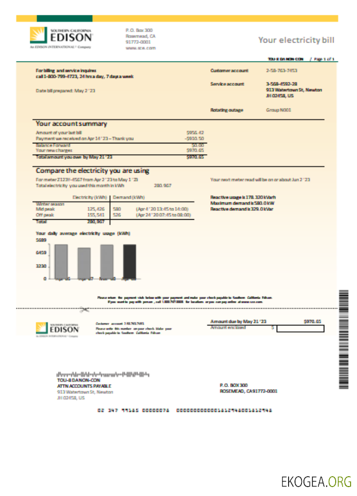Facture SCR pour les services publics d'Edison en Californie du Sud